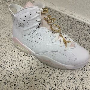 Jordan High-Top Sneakers in White and Light Pink with Gold Accents